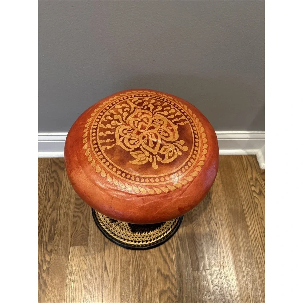Pier 1 Leather Wicker Rattan BOHO Ottoman Stool Chair